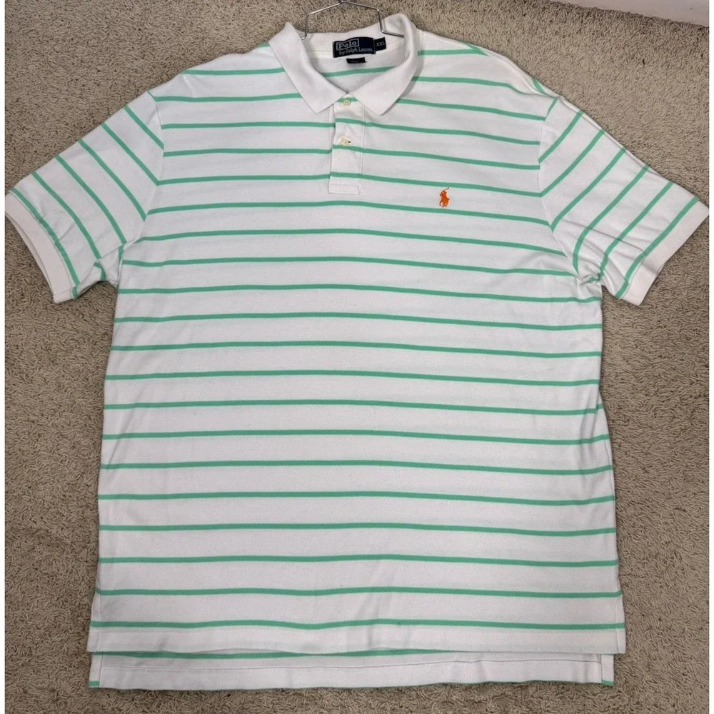 VTG Polo Ralph Lauren Men's Green‎ And White Stripe Polo Shirt Size XXL Preppy
